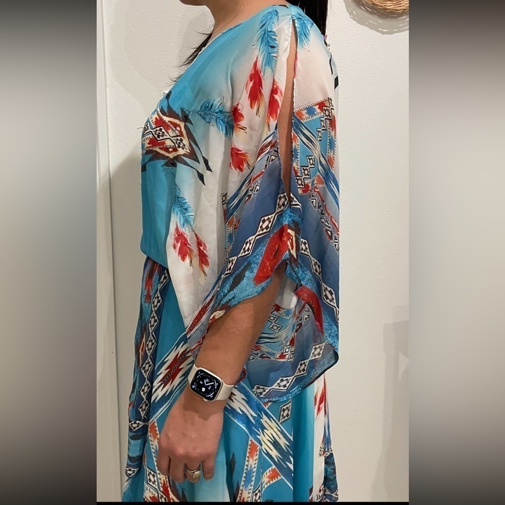 VINTAGE COLLECTIONS  Southwestern Aztec Blue Beaded Handkerchief Dress Size S - Picture 10 of 12